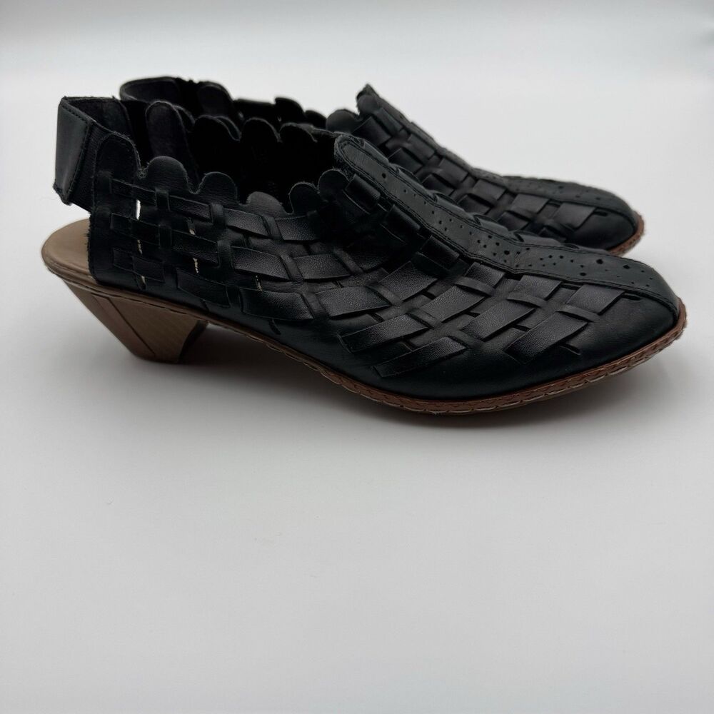 Rieker Sina Shoes EU 38 Black Leather Anti Stress Weave Slingback Heel